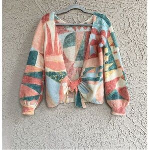 SEZANE Multicolor Salmon Aqua Geometric Mohair Wool Open Tie Back Alban Sweater